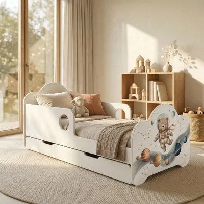 Produktbild von Bett Kinder 140x70 mit Matratze Schublade Stauraum Kinderbett mit Rausfallschutz Weiß, Teddybär, Weltraum, bunter Aufkleber