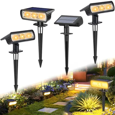 Obrázek produktu pro 4ks solárních reflektorů solární světla pro venkovní zahradu LED solární reflektory IP65 vodotěsné solární zahradní světla se zemním hrotem pro dvůr garáž cesta, teplá bílá