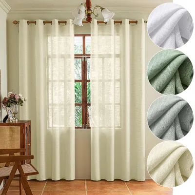 Produktbild von 2er Set Transparente Gardine mit Ösen Leinenstruktur 175GSM Schwerer Voile Fenster Vorhänge für Wohnzimmer Schlafzimmer, 140 x 245 cm Warmes Beige