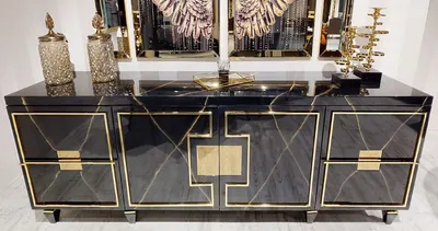 Image de Casa Padrino Luxe Art Déco Sideboard Noir / Or - Noble armoire en bois massif avec 4 portes - Luxe Art Déco Salon & Hôtel Meubles