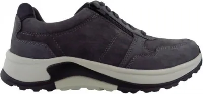 A side view of a gray athletic shoe.