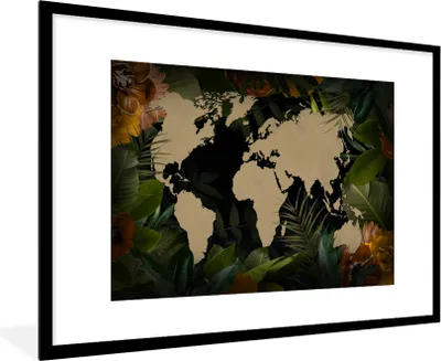 Produktbild von MuchoWow® MuchoWow® Gerahmtes Poster Weltkarte - Pflanzen - Blätter 90x60 cm - Poster mit zchwarzem Bilderrahmen - Wanddekoration - Fotos