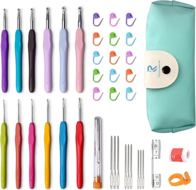 Produktbild von 45-teiliges Häkelnadel-Set mit ergonomischen Gummigriffen, für Anfänger und Erwachsene, in Grün