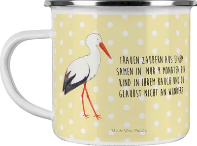 Produktbild von Mr. & Mrs. Panda Emaille Tasse Storch - Gelb Pastell - Geschenk, Baby, Störche, Schwangerschaft, Pott, Lustige Sprüche, Blechtasse, Geburt, Mutter, Haferl, Teetasse