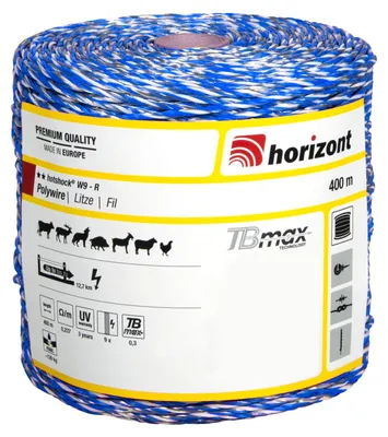 Produktbild von horizont Weidezaunlitze hotshock W9-R 400 m, Wildabwehr, für über 10 km Zaun, 120 kg Bruchlast, blaue Litze für die Abwehr von robusten Tieren, Zaunlitze für Weidezaun, Schafhaltung