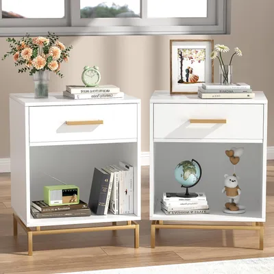 Nachttisch-Set (2 Stk.) mit Schublade & Fach, weiß, 48x40x63,5 cm