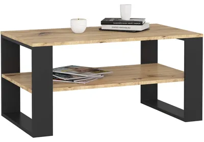 Produktbild von Holztisch mit Ablage, 92 x 45 x 53 cm, modernes minimalistisches Design, Farbe Artisan-Eiche und Schwarz