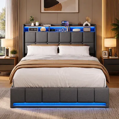 Image de Lit à lattes avec sommier intégré INONEFT, 140x200 cm, avec éclairage LED et chargeur USB, lit coffre de rangement, lit tapissé avec sommier à lattes, en lin, gris