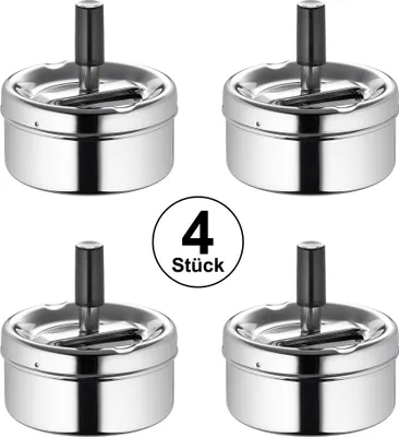 Produktbild von 4er Set Verchromter Drehaschenbecher, 9cm Durchmesser, Metall, geruchsarm, Innen, Außen, Terrasse, Balkon, Wohnung