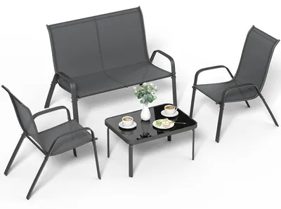 Produktbild von Gartenmöbel-Set 4-teilig mit Glastisch, Teslin-Geflecht, Grau