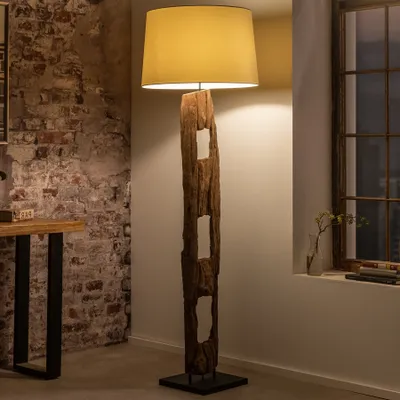 Produktbild von riess-ambiente Massive Stehlampe BARRACUDA 177cm natur Akazienholz Baumwollschirm weiß Baumstamm Stehleuchte Lampe Leuchte