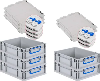 Produktbild von SuperSparSet 5x Eurobox NextGen Color mit Scharnierdeckel und Schiebeschnappverschlüssen | HxBxT 12x30x40cm | 11 Liter | Grau | Griffe blau geschlossen | Glatter Boden | Eurobehälter, Transportbox, Transportbehälter, Stapelbehälter