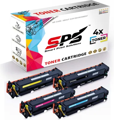 A product box for toner cartridges with several toner cartridges displayed in front of it.