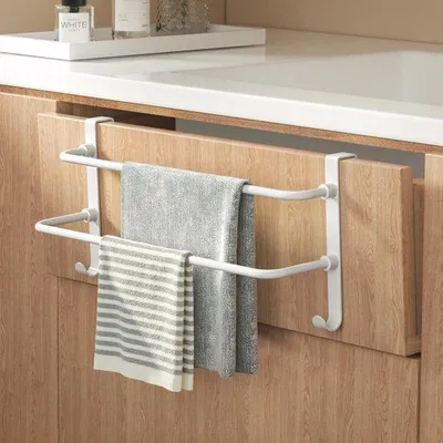 Image de Porte-serviettes en acier inoxydable avec crochets, 2 barres, pour la salle de bains et la cuisine, 41 x 18 x 12,4 cm, blanc
