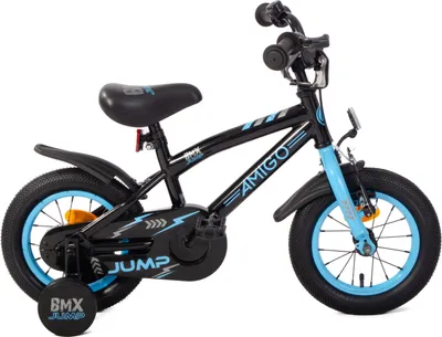 Produktbild von AMIGO Kinderfahrräder Jungen BMX Jump 12 Zoll 22 cm Jungen Rücktrittbremse Schwarz/Blau
