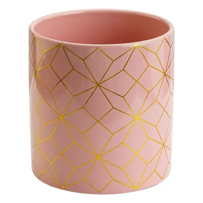 Produktbild von Keramik Rund Blumenübertopf Blumentopf Glasiert Rosa & Gold Verzierungen Maße 13x14cm Pflanzkübel Zylinder