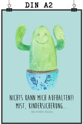 Produktbild von Mr. & Mrs. Panda Bild Kaktus Happy DIN A2 - Türkis Pastell - Geschenk, Freundin, wanddeko, Kakteen, Motivation, Plakat, Kunstdruck, Wandbild, Spruch, drucke, Ausbildung
