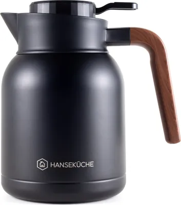Produktbild von Hanseküche Thermoskanne (1,5L) aus hochwertigem 304 Edelstahl - Isolierkanne, Kaffekanne mit edler Holzoptik (Schwarz)
