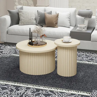 Immagine prodotto di Set di tavolini rotondi in confezione da 2, con finitura effetto legno naturale e struttura ondulata – tavolino ausiliario integrato, ideale per il soggiorno o l'ufficio