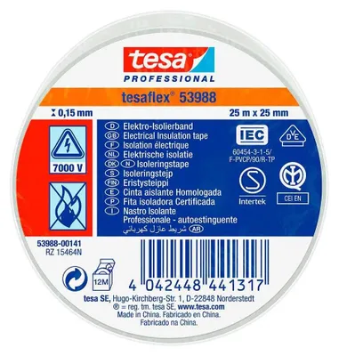 Image de tesa 53988 Ruban isolant professionnel 7000 V, 25 m x 25 mm, blanc