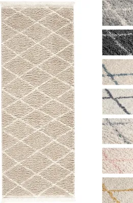 Produktbild von Hochflor Teppich Laufer 80 x 200 Beige Diamantmuster , Super Soft Moderner Shaggy Teppich