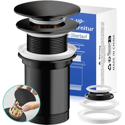 Produktbild von Ablaufgarnitur G11/4 für Waschbecken, Ablaufgarnitur aus Messing, Pop-up-Ablaufventil für Standardwaschbecken, Waschbeckenstöpsel mit Haarsieb (schwarz, ohne Überlauf)
