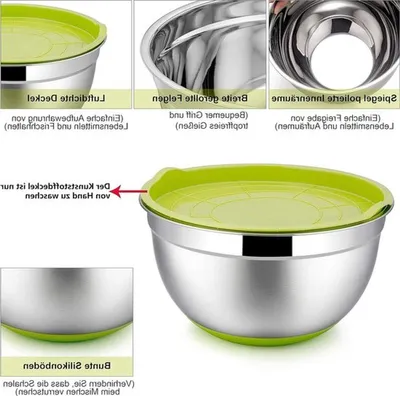 Mixschalen Set von 5 Stück aus Edelstahl, Multifunktionale Salatschalen mit Deckel und Silikonbasis, Stapelbar und