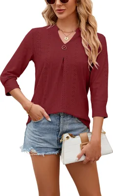 Image de ASKSA T-shirt femme manches 3/4 évasé chemisier col V tunique d'été élégant t-shirts tops, rouge vin, taille : S