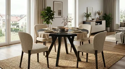 Produktbild von Giuseppe Runder Ausziehbarer Esstisch Durchmesser 90 / 135 / 180 cm,  Platz für 4-10 Personen Skandinavische LOFT Schwarze Holzbeine (Schwarz)