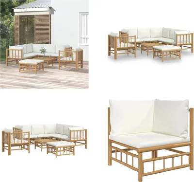 Produktbild von vidaXL 8 tlg. Garten Lounge Set mit Cremeweißen Kissen Bambus - Garten Lounge Set - Garten Lounge Sets - Lounge Set - Gartenmöbel Set