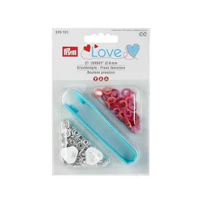 Obrázek produktu pro Stiskací knoflíky + narážeč Jersey, Prym Love, 8 mm, 21 ks, červené/oranžové/růžové
