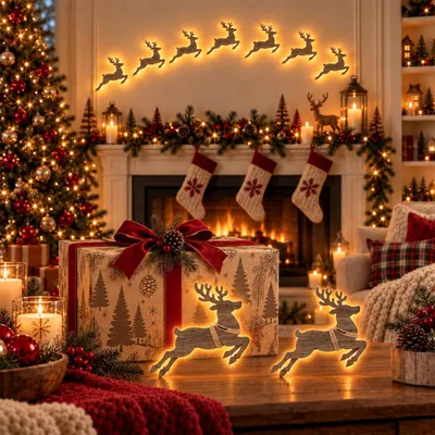 Produktbild von 7-teilige LED-Weihnachts-Wanddeko aus Holz – Rentier & Schlitten mit warmer Beleuchtung (3D Wandsticker)