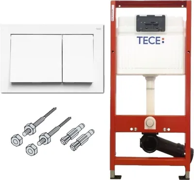 A white toilet flush plate, a red toilet cistern frame, and mounting hardware are displayed against a white background.