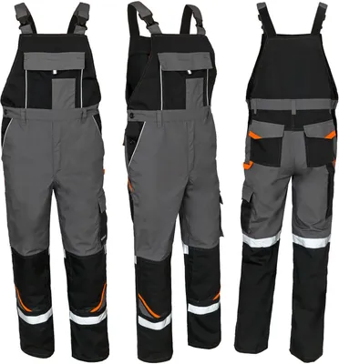 Three views of a pair of work overalls.