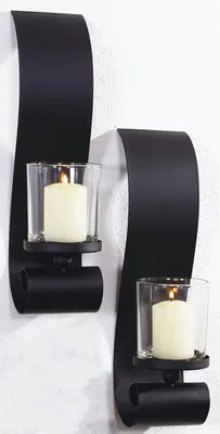 Produktbild von Wandkerzenhalter für Teelichter – 2 Stück – Metall mit Glas – Schwarz – 12,5 x 36,5 x 9 cm