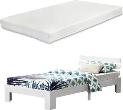 Zdjęcie produktu dla Łóżko drewniane Nivala 120x200 cm z materacem z zimnej pianki i stelażem z listew Rama łóżka do 150 kg Łóżko młodzieżowe Łóżko dla gości Rama łóżka drewno sosnowe Biały