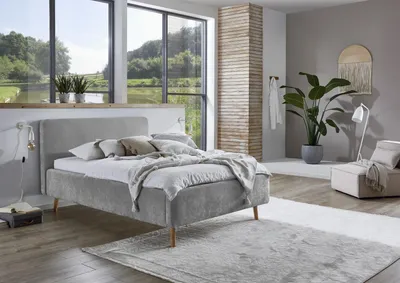 Produktbild von Meise Möbel Polsterbett Mattis 120x200 cm | Bettgestell | skandinavisches Kopfteil | Strukturstoff Grau | Holzfuß eichefarbig