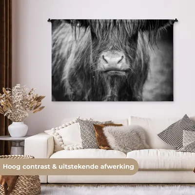 Produktbild von MuchoWow® Wandteppich Wandbehang Schottisches Hochlandrind - Kuh - Schwarz - Weiß - Tiere 120x80 cm Tapisserie Dekoration Wandtuch - Wanddekorationen - Wandtücher