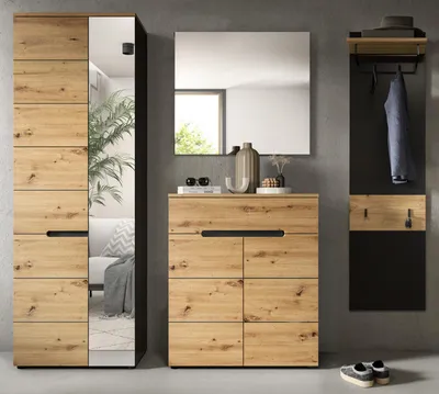 Produktbild von Garderobe Set 4-teilig "Cooper" in Artisan Eiche und grau 220 cm, Soft-Close