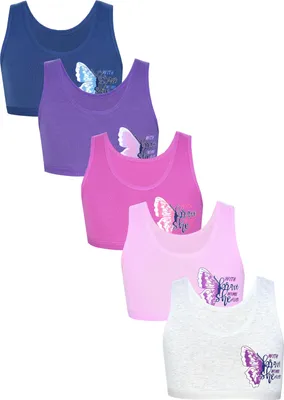 Produktbild von TupTam Mädchen Bustier mit breiten Trägern 5er Pack, Farbe: Schmetterling Rosa Lila Grau Dunkelblau, Größe: 134-140