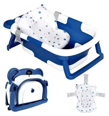 Produktbild von Faltbare Babybadewanne mit rutschfestem Badekissen und Badethermometer für Neugeborene und Kleinkinder von 0-24 Monaten
