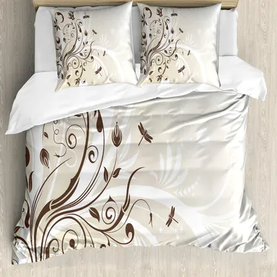 Produktbild von ABAKUHAUS Libelle Bettbezug Set, Saisonblühende Blumen-Blumenblätter wirbelten Niederlassungen künstlerisches Schönheits-Design, 155 x 220 cm + 80 x 80 cm, Eierschalenfarben Braun