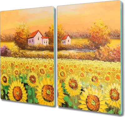 Produktbild von Coloray Hackbrett Kochplattenabdeckung Herdabdeckplatte 2x30x52 cm Schneidebrett Küchenbrett - Wiese Sonnenblumen Baum