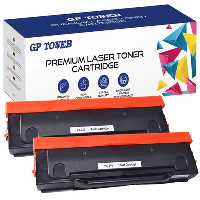 A box of GP Toner premium laser toner cartridges with two cartridges displayed in front of the box.