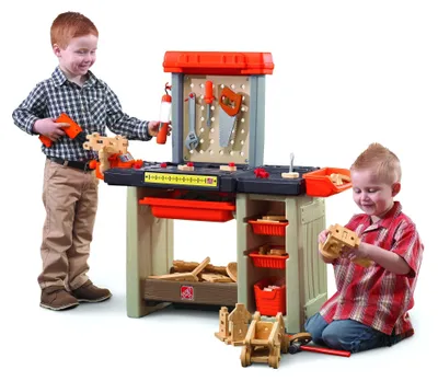 Produktbild von Step2 Handyman Workbench Werkbank für Kinder | Werkzeugbank in Orange mit 30-teiligem Zubehör Set & Behältern