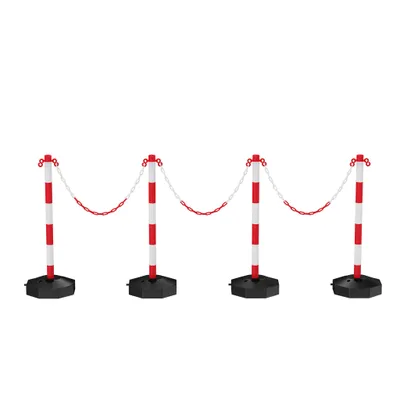 Image de ROSEJANE - Lot de 4 piquets de signalisation avec 4 chaînes de sécurité, supports de chaîne en plastique avec base, 82 x 28 x 28 cm, chaque chaîne de 1,4 m, rouge et blanc, pour intérieur et extérieur