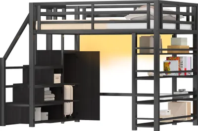 Produktbild von Hochbett mit Kleiderschrank, LED-Streifen, Rausfallschutz und Regal, 140x200cm, Treppe mit Schränken, Kinderbett, Metallbett