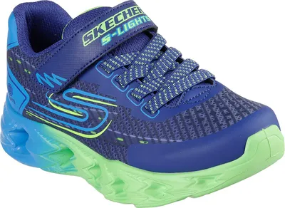 A single blue and green Skechers shoe is shown against a white background.