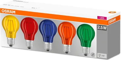 A box of colorful LED light bulbs.