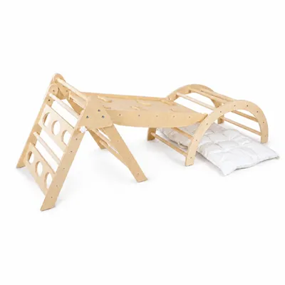 Produktbild von Dastium Kids Klettergerüst 6-in-1 Natur – Pikler Dreieck mit Rutsche, Kletterbogen & Kissen – Holz, klappbar – 1-5 Jahre